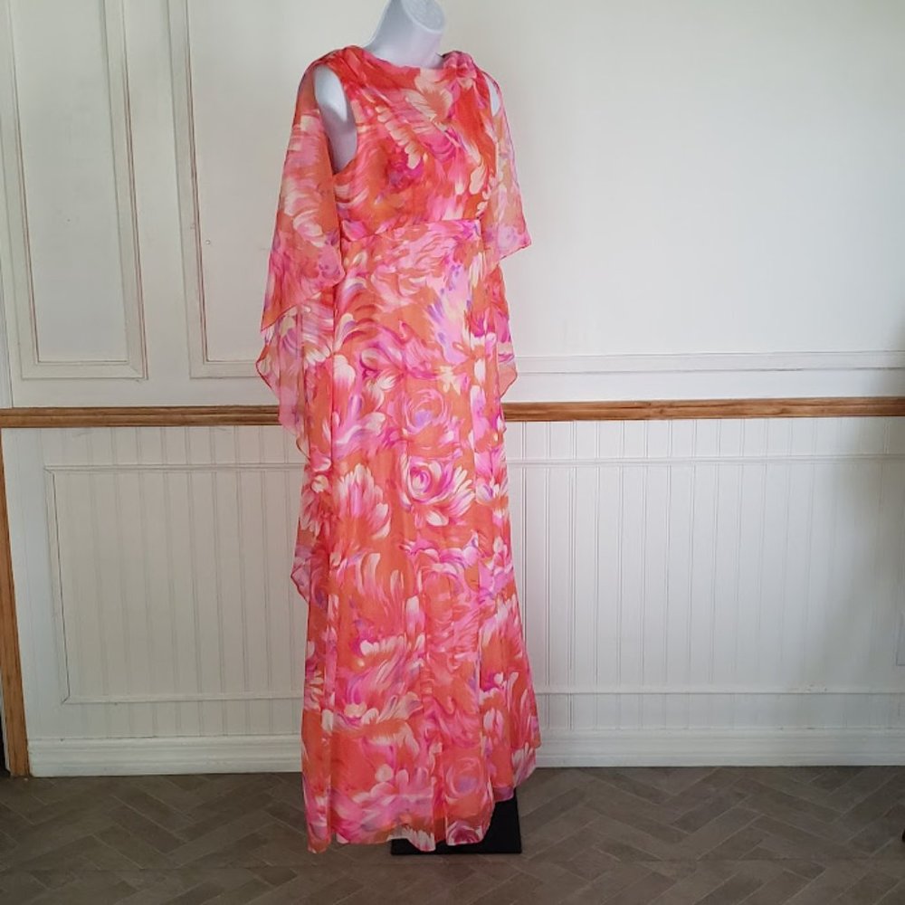 SOLD Vtg 60s Maxi Dress Women's Size 12 Watercolor Floral Pink Orange Capelet - Picture 2 of 13